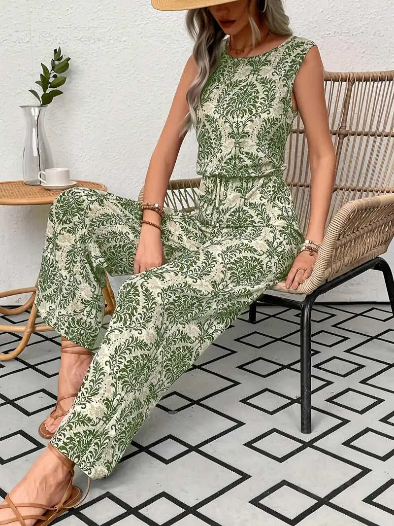 Conjunto de top sin mangas estampado y pantalón de pierna ancha para mujer.