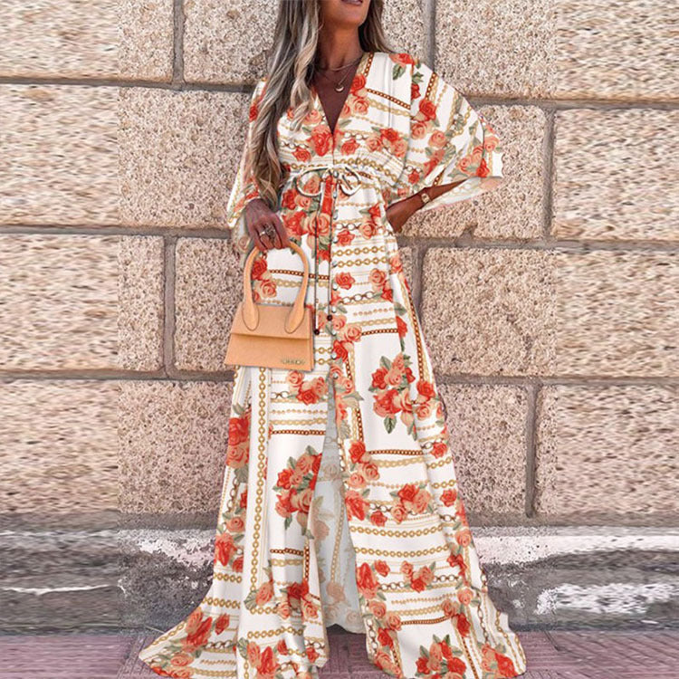 Vestido largo vibrante con escote en V y cordones de Isabella Sol
