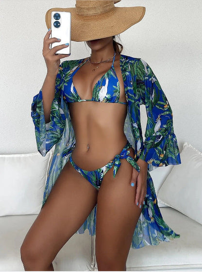 Conjunto de bikini kimono Isabella Sol con estampado tropical