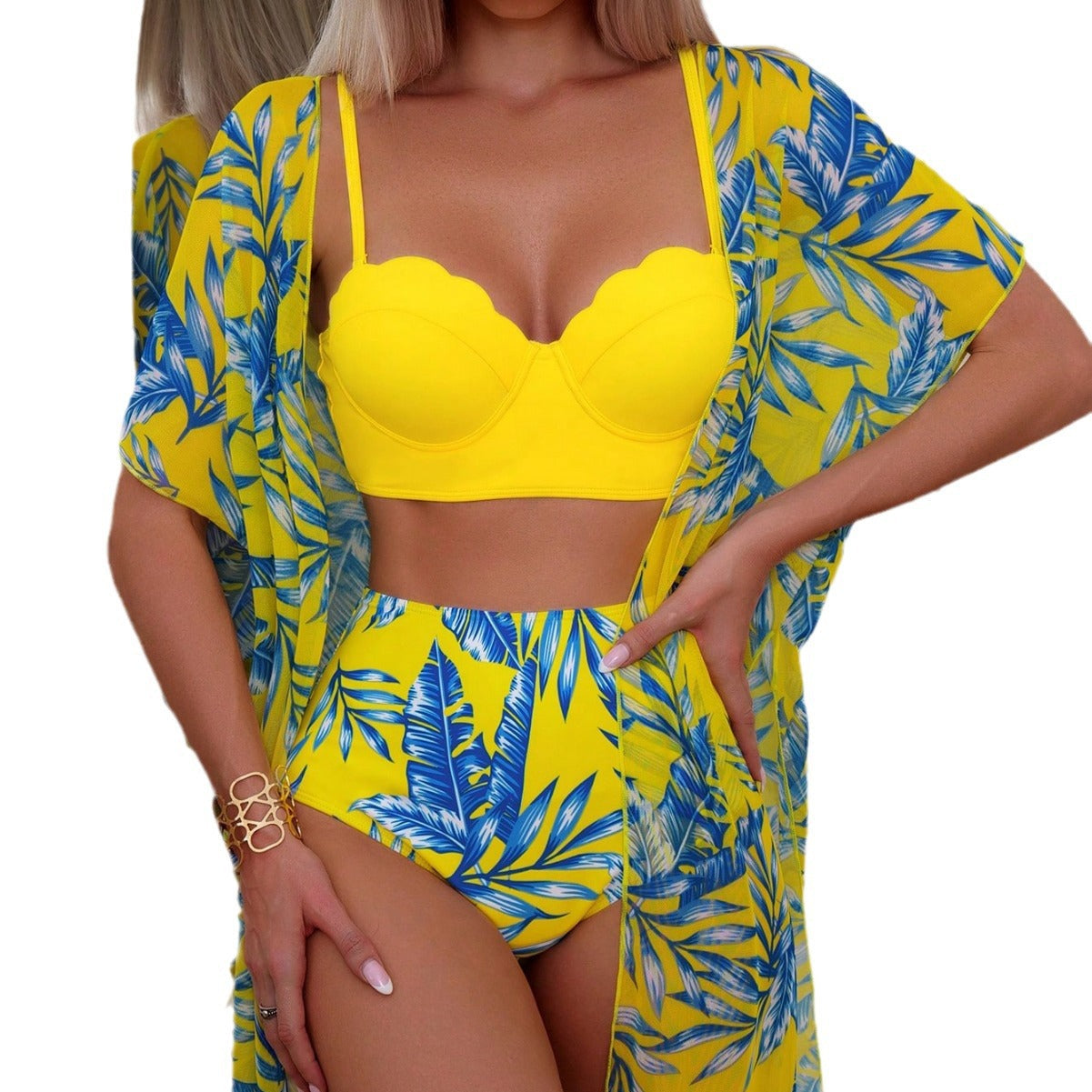 Bikini de talle alto con estampado de hojas de arce vibrantes de Isabella Sol.