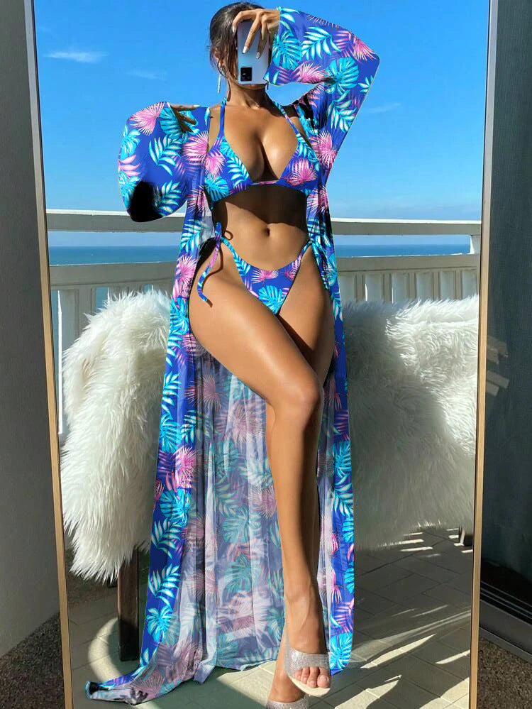 Conjunto de bikini de manga larga Isabella Sol con estampado floral vibrante