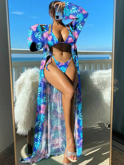 Conjunto de bikini de manga larga Isabella Sol con estampado floral vibrante