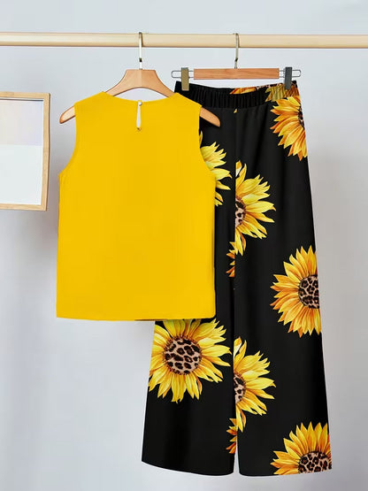 Conjunto de dos piezas para mujer: top sin mangas irregular y pantalón estampado a la moda.
