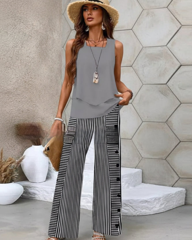 Traje estampado sin mangas, chaleco de doble capa y pantalones rectos holgados para mujer.