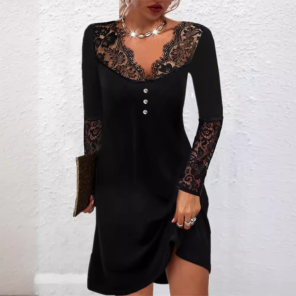 Elegante vestido de encaje con escote en V de Isabella Sol.