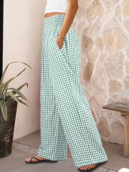 Pantalones casuales a cuadros, corte holgado, pantalones anchos de moda para mujer con bolsillos.
