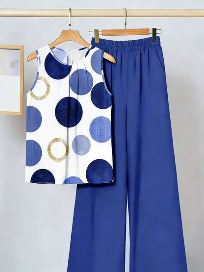 Conjunto de dos piezas para mujer: top sin mangas irregular y pantalón estampado a la moda.