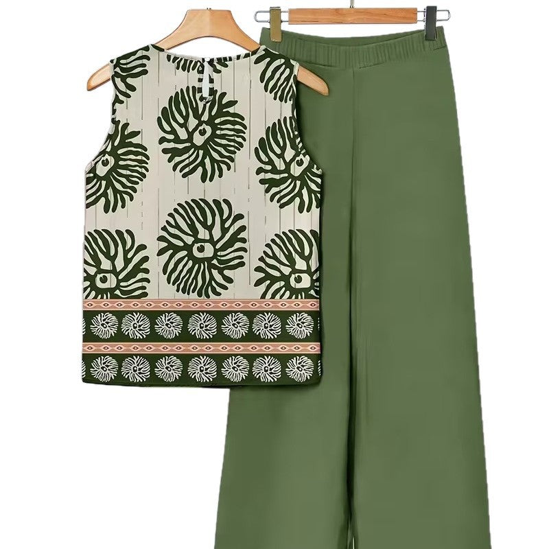 Conjunto de dos piezas para mujer: top sin mangas irregular y pantalón estampado a la moda.