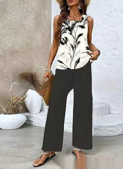 Traje estampado sin mangas, chaleco de doble capa y pantalones rectos holgados para mujer.