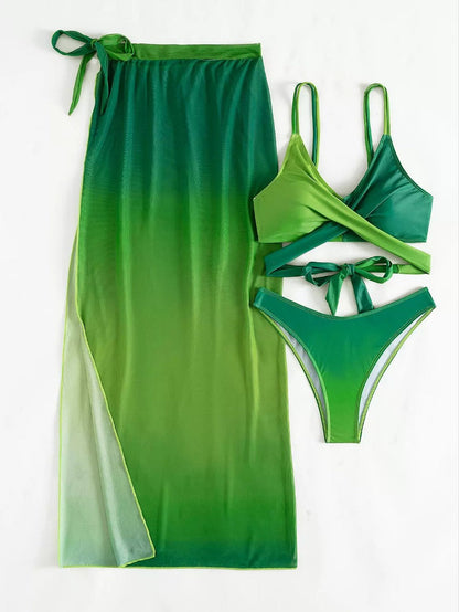Conjunto de bikini de tres piezas Isabella Sol con degradado verde